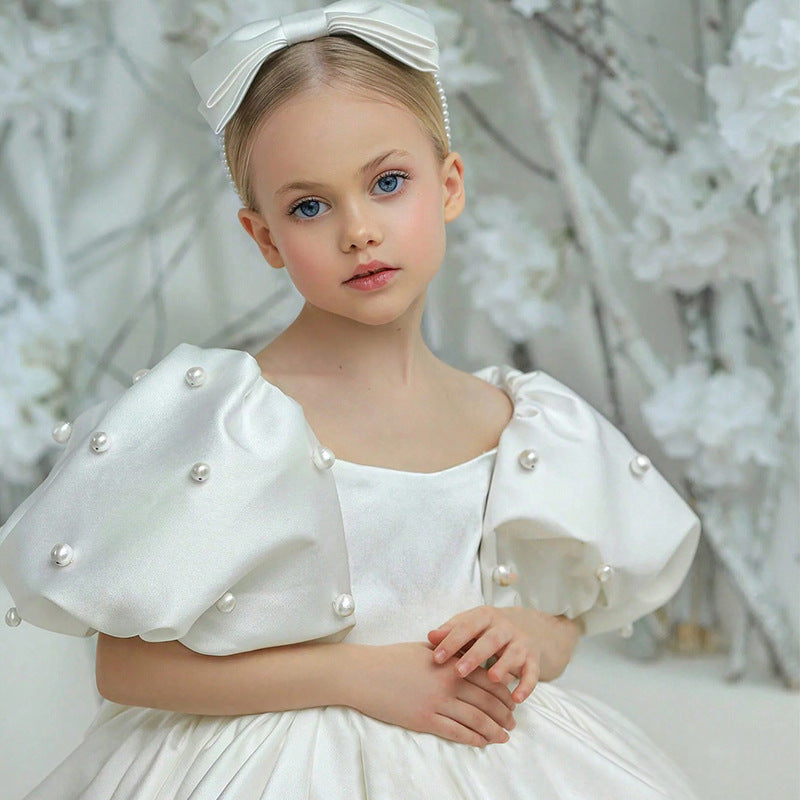Puff sleeve satin tutu flower girl dress