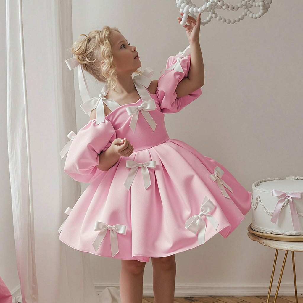 Puff sleeve flower girl wedding dress