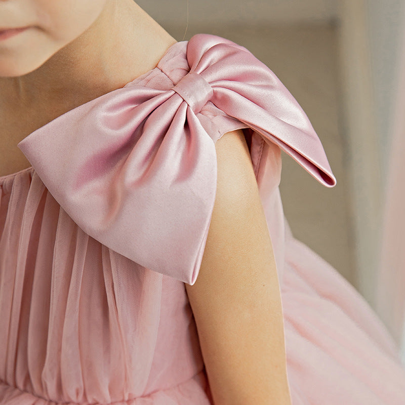 Pleated mesh girls princess party dress