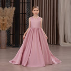 Satin trailing flower girl evening dress with bow