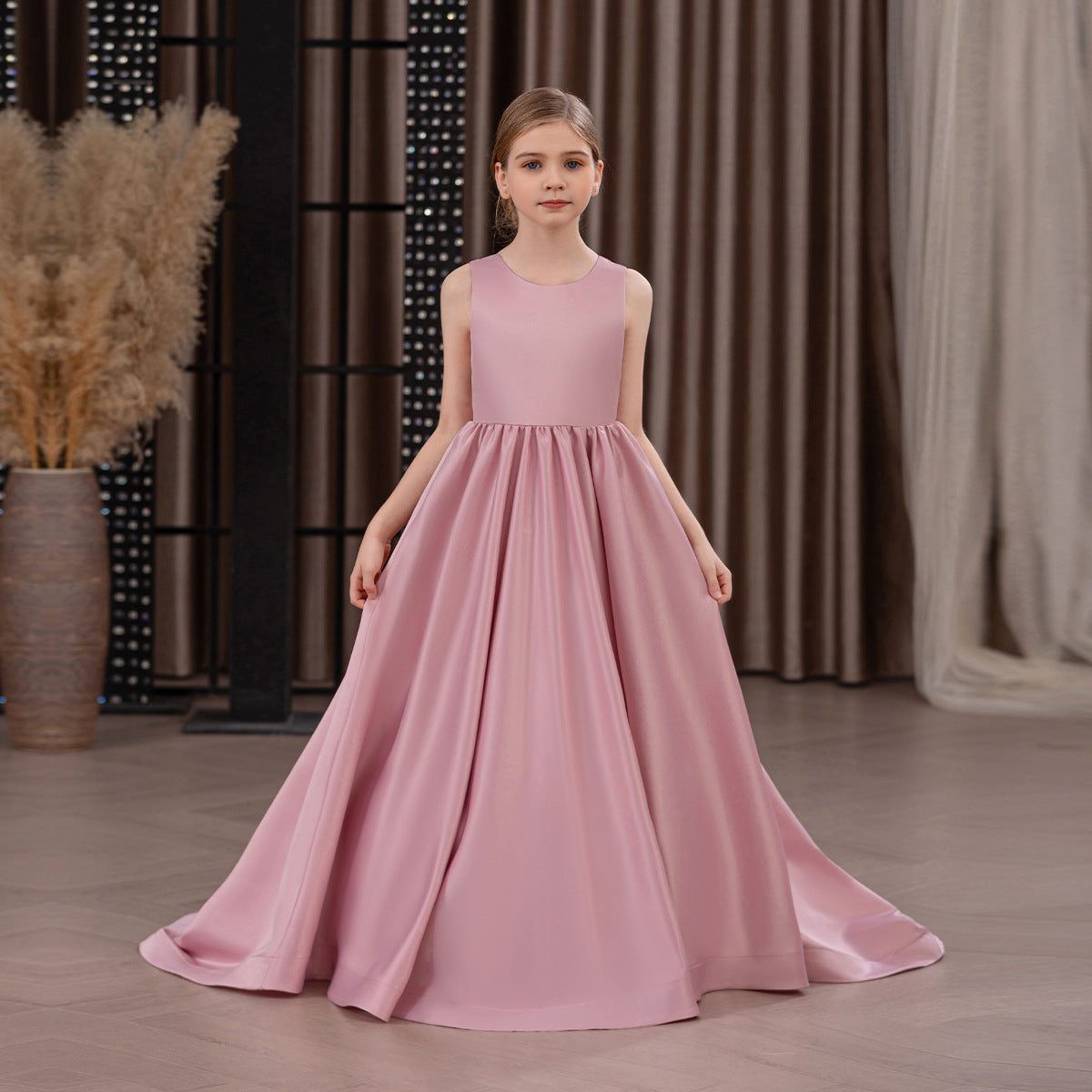 Satin trailing flower girl evening dress with bow