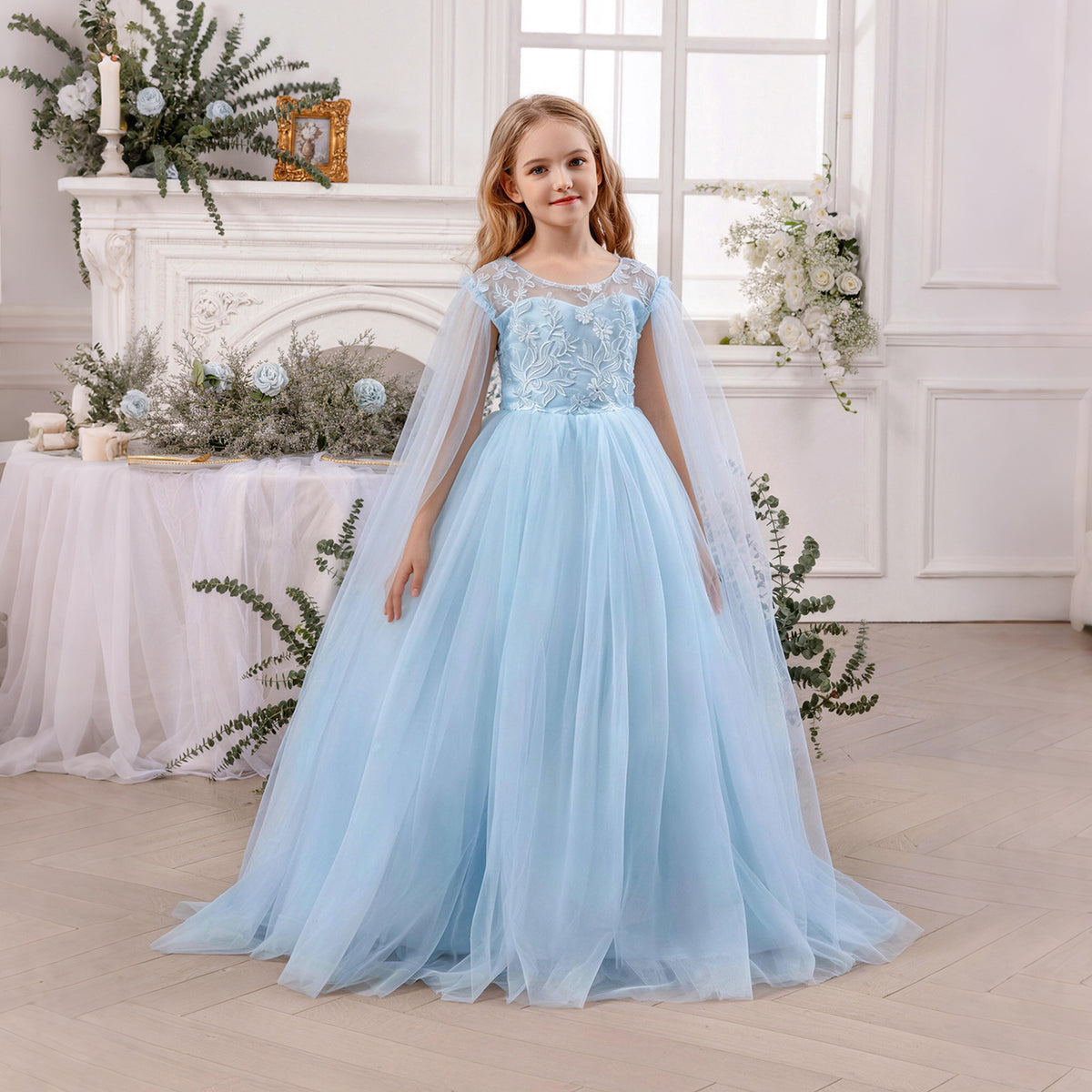 Long mesh flower girl princess evening dress