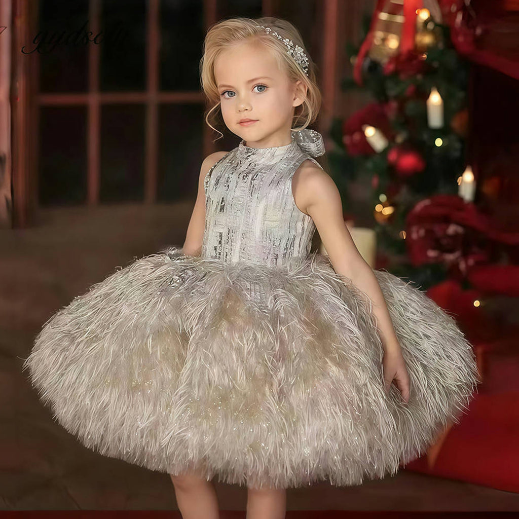 Girls feather fringe textured party dress