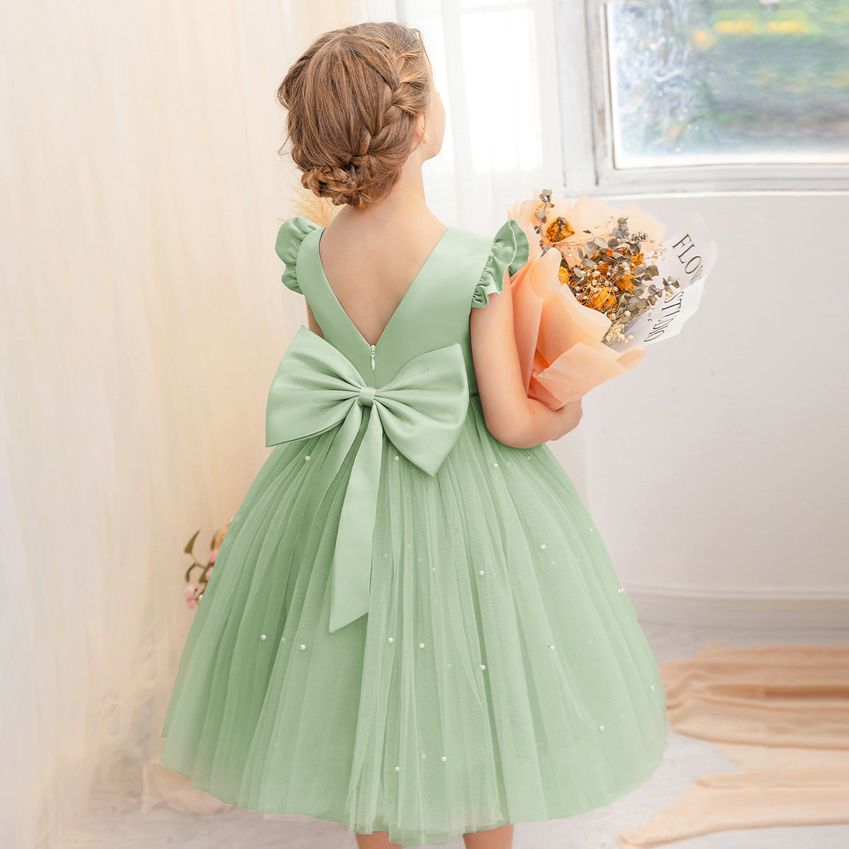 Princess tutu flower girl dress with mesh bow