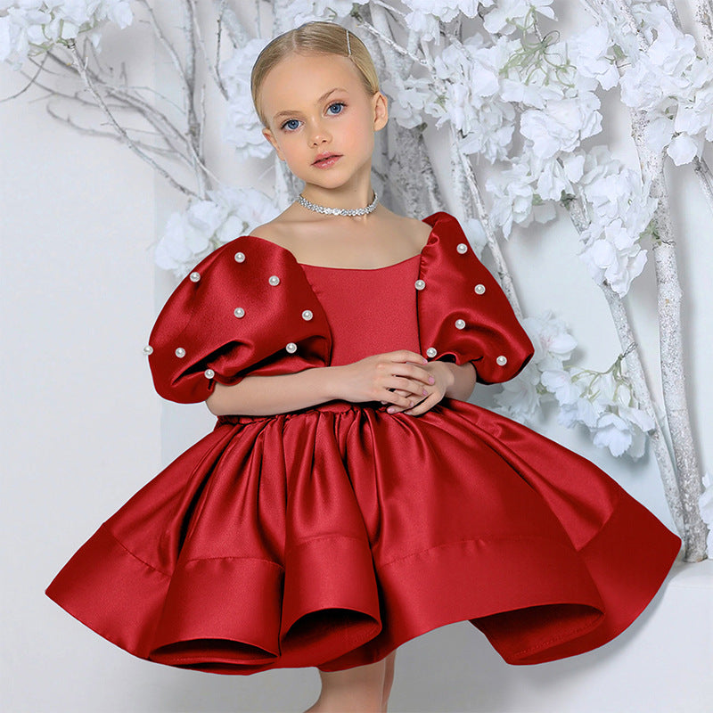 Puff sleeve satin tutu flower girl dress