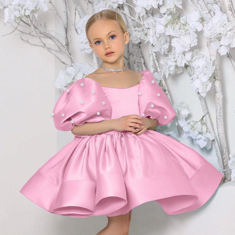 Puff sleeve satin tutu flower girl dress