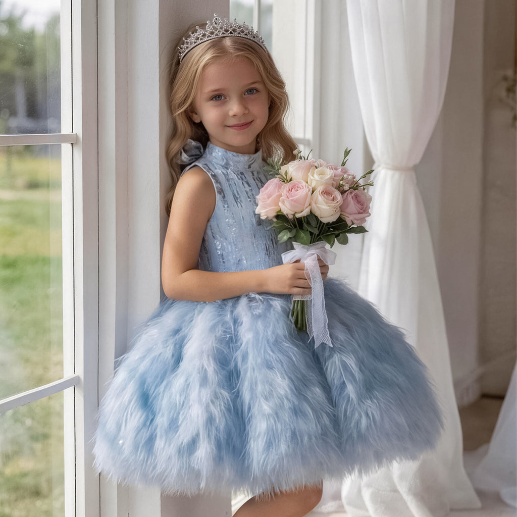 Girls feather fringe textured party dress