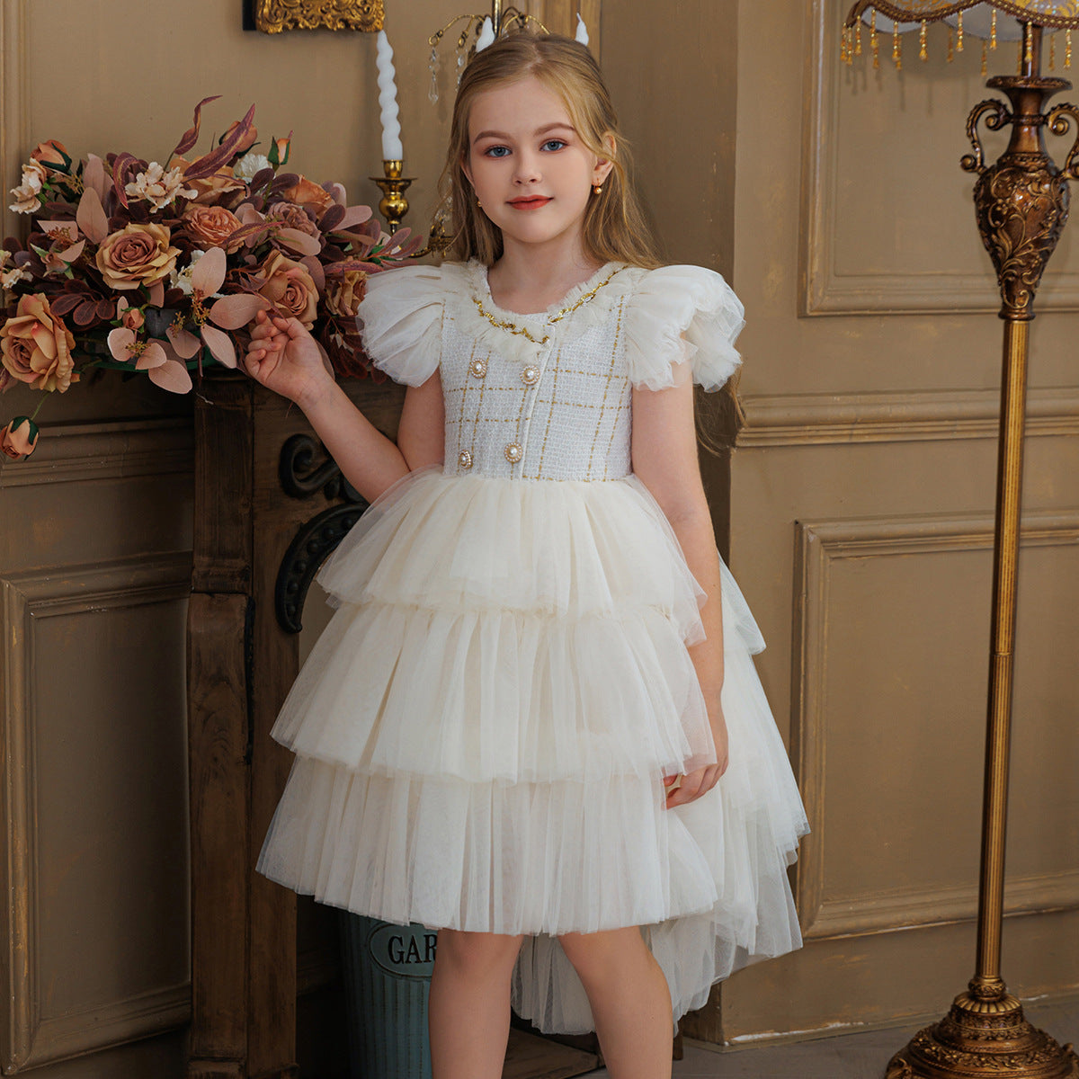 Champagne trailing flower girl princess dress