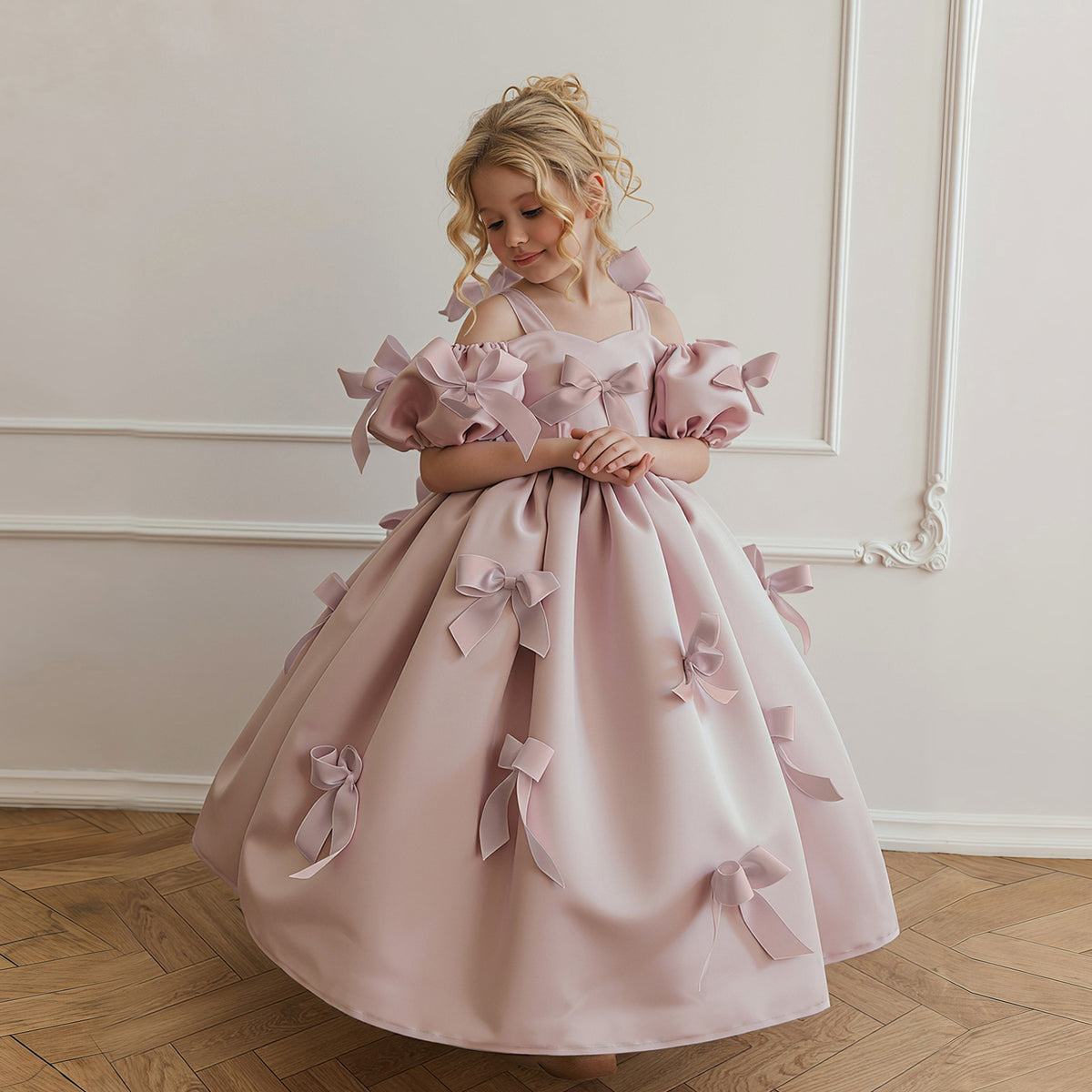 Royal puff sleeve flower girl evening gown
