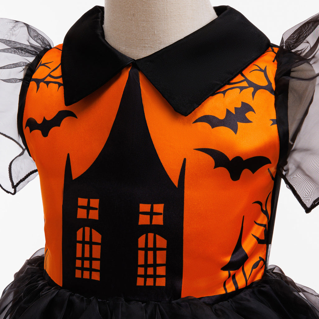 Amelia girls haunted house print Halloween dress with ombre tulle skirt