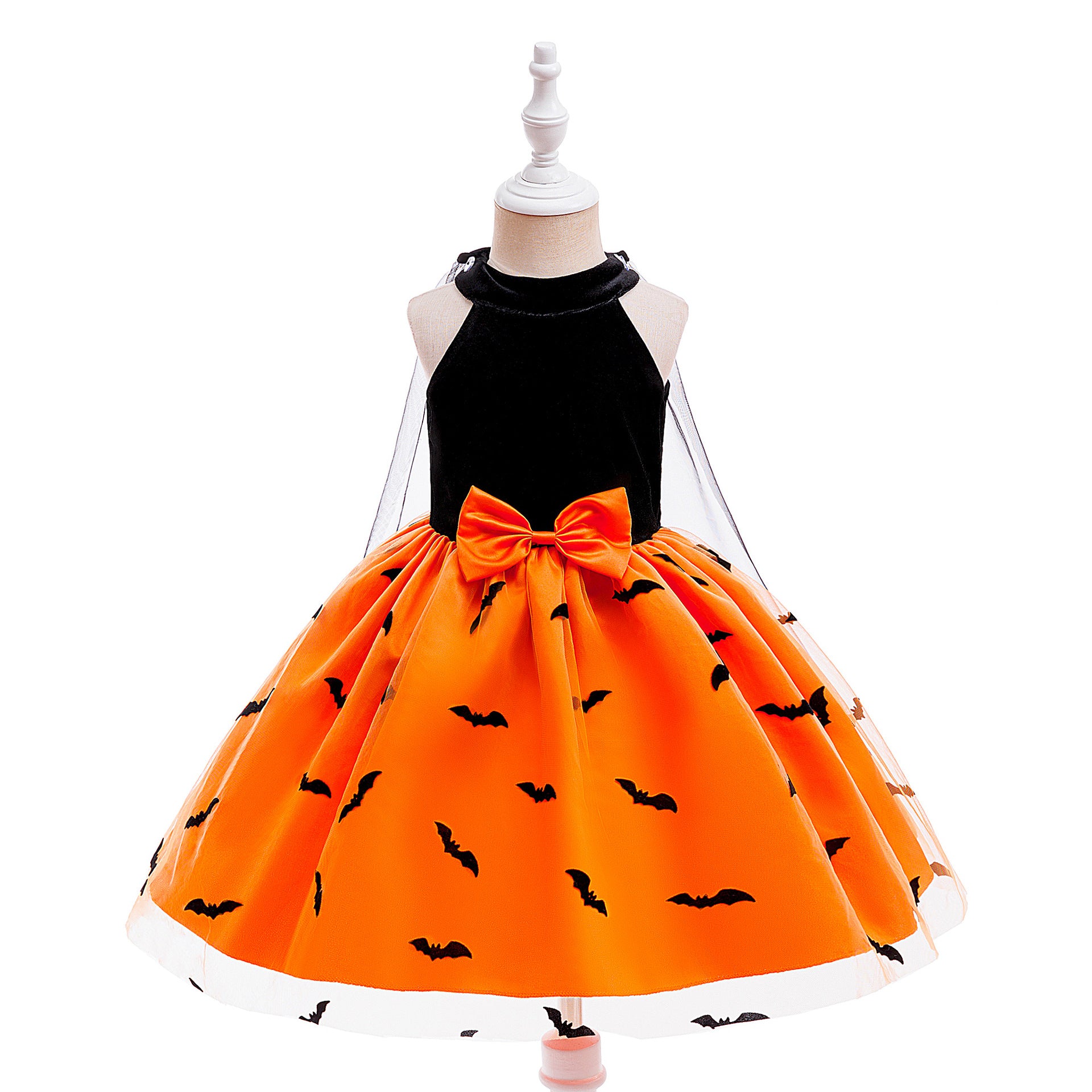 Sophia girls orange bat print Halloween dress with cape sleeves