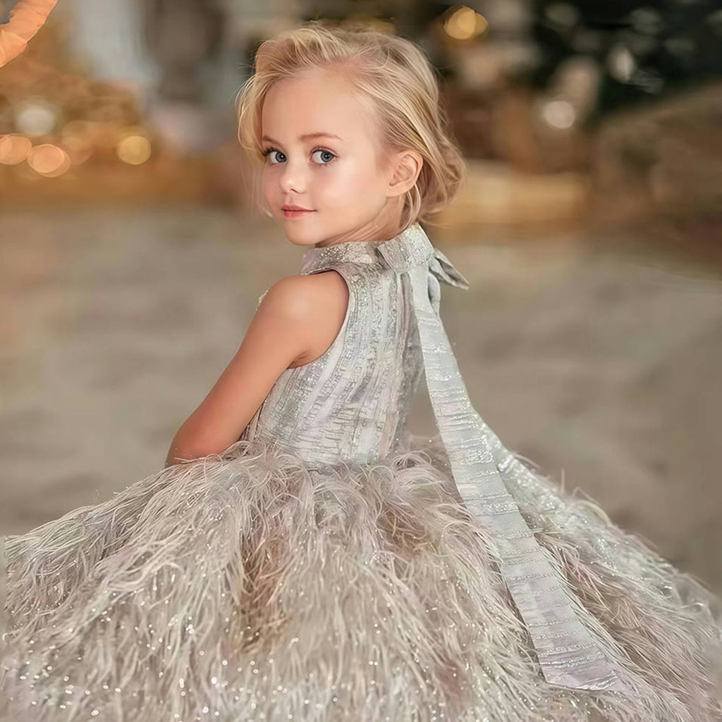 Girls feather fringe textured party dress