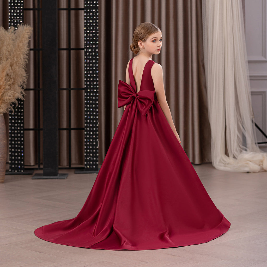 Satin trailing flower girl evening dress with bow