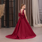 Satin trailing flower girl evening dress with bow