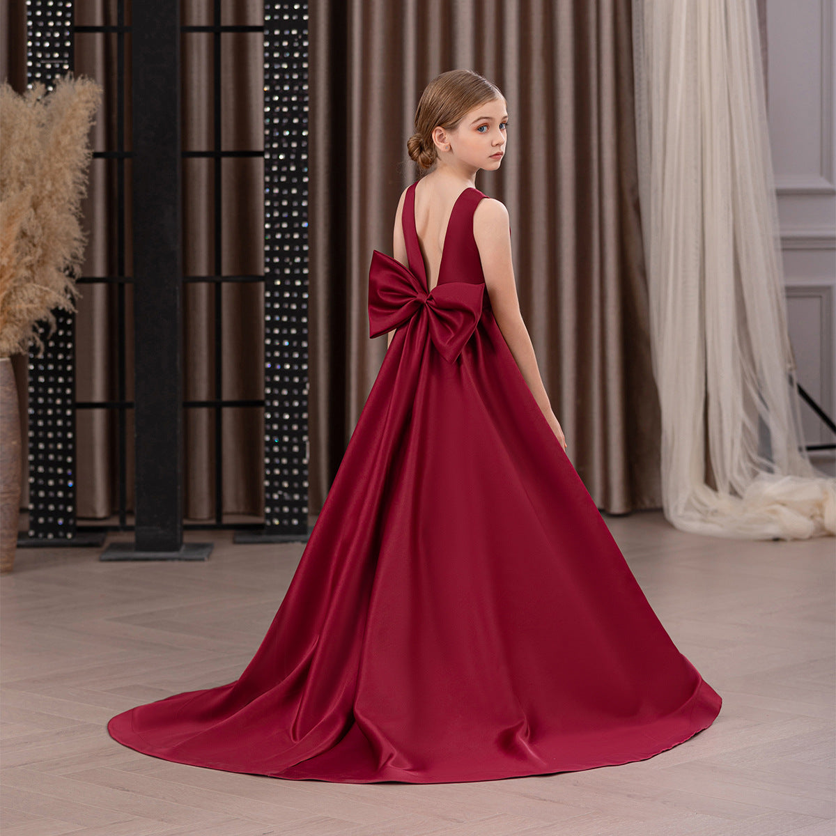 Satin trailing flower girl evening dress with bow