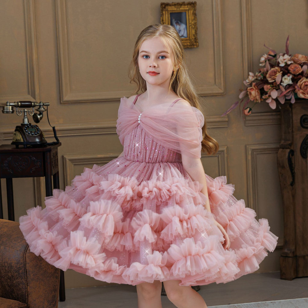 One shoulder ruffle cake girls birthday dress