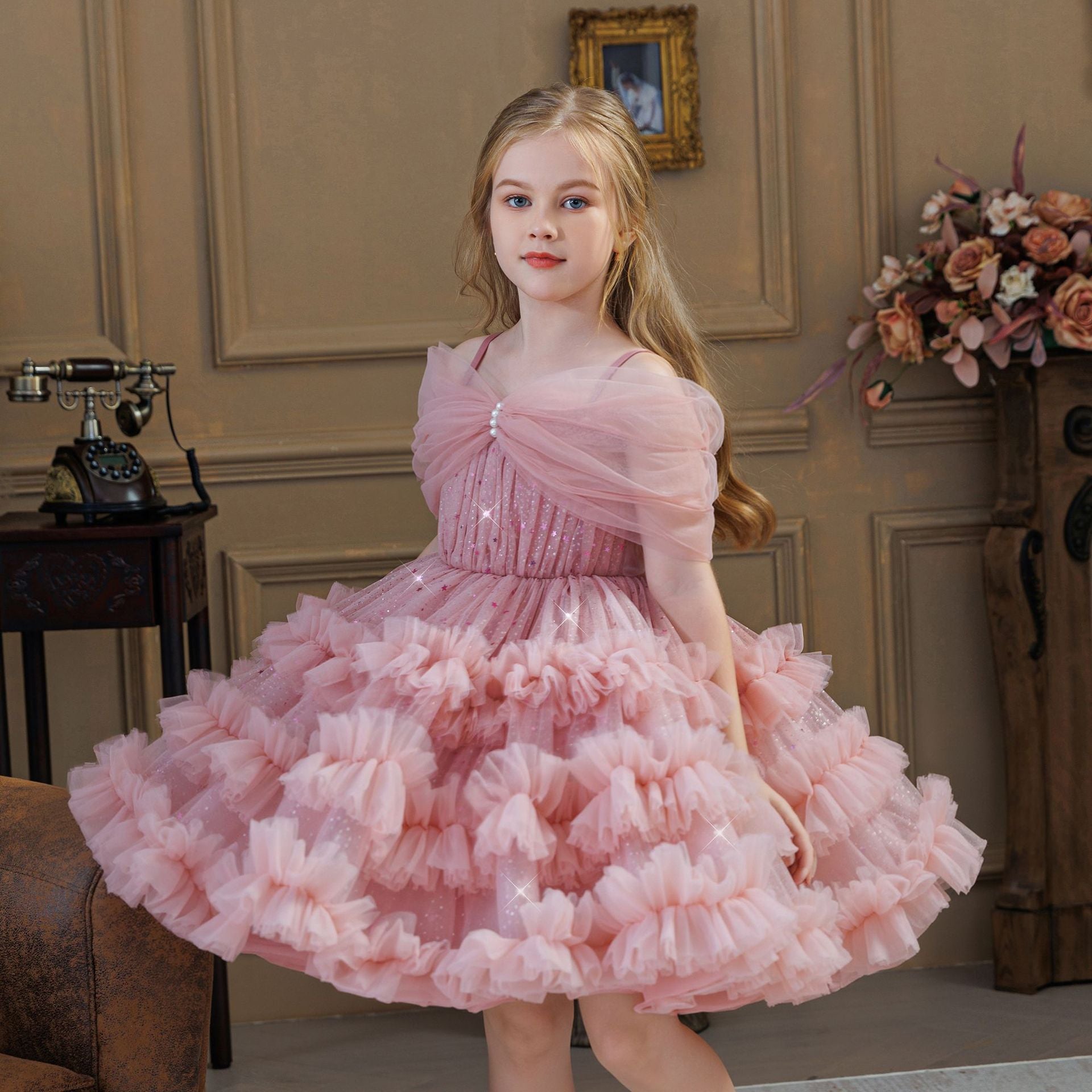 One shoulder ruffle cake girls birthday dress