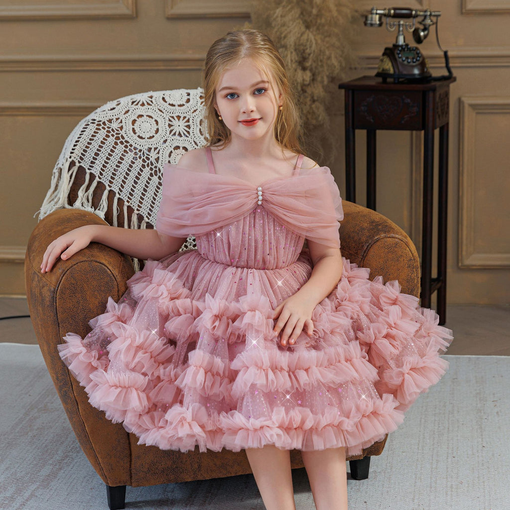 One shoulder ruffle cake girls birthday dress