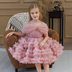 One shoulder ruffle cake girls birthday dress