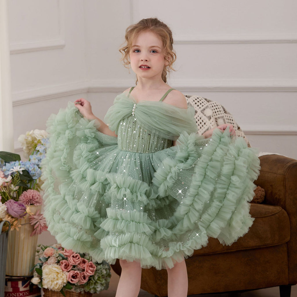 One shoulder ruffle cake girls birthday dress