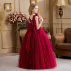 Bow-back satin banquet evening gown for girls