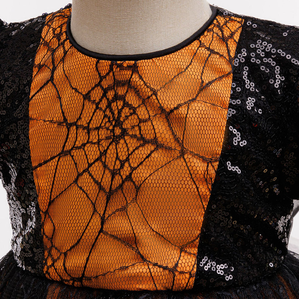 Harper girls spiderweb lace Halloween dress with puff sleeves