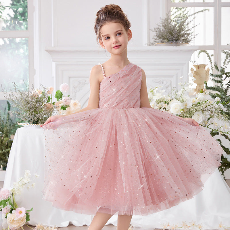 One shoulder bow flower girl princess dress