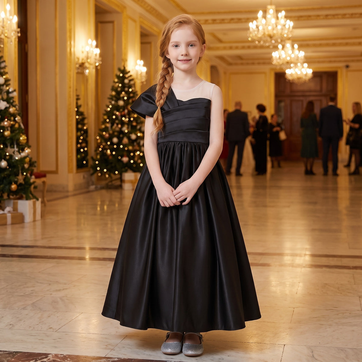 Asymmetric Pleated Satin Ball Gown in Black – lifestyle photo 1