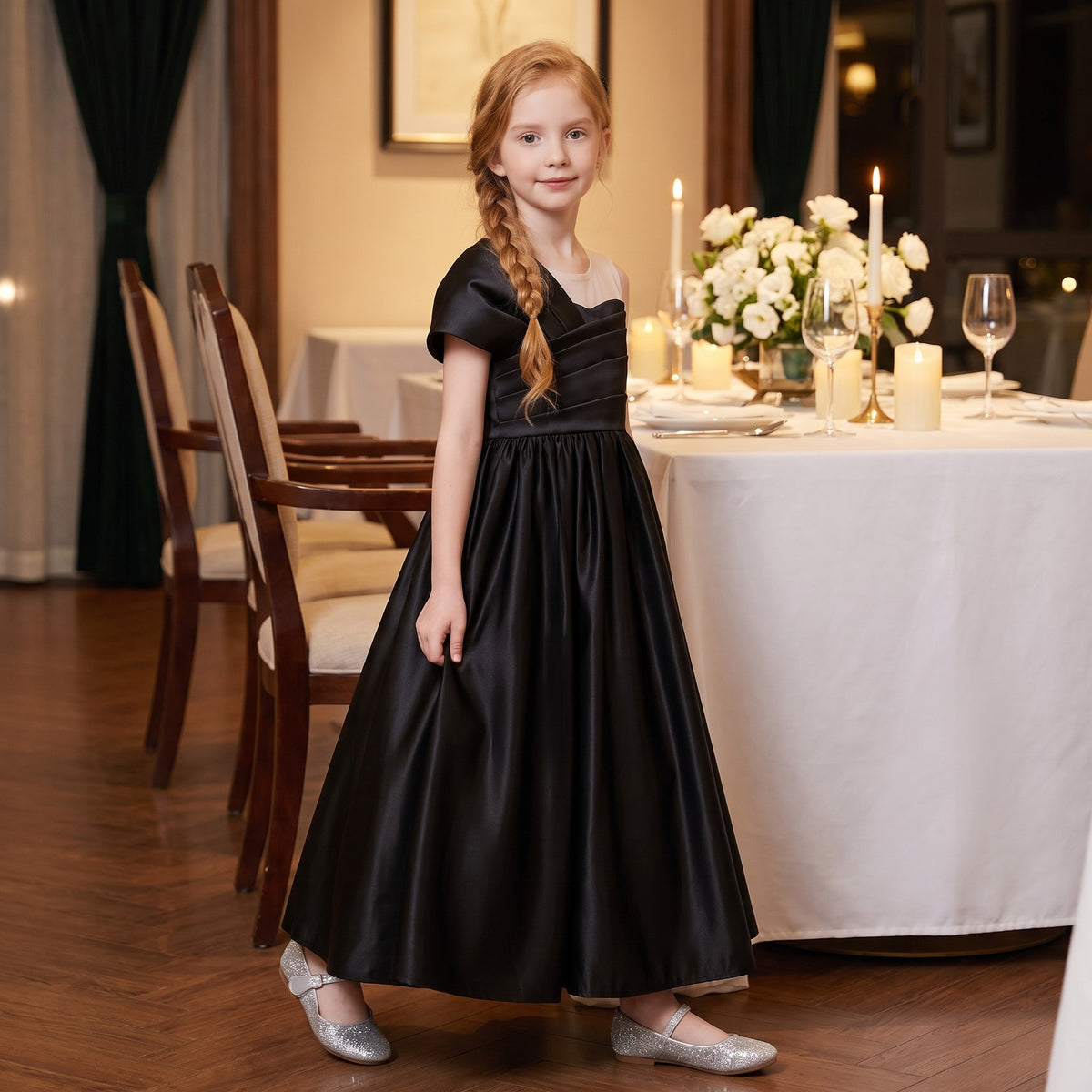 Asymmetric Pleated Satin Ball Gown in Black – lifestyle photo 2