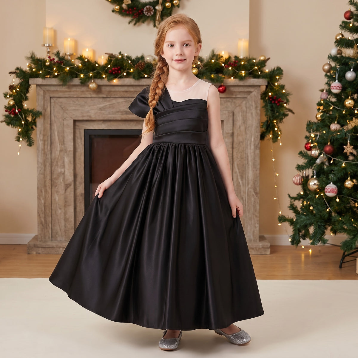 Asymmetric Pleated Satin Ball Gown in Black – lifestyle photo 3