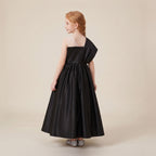 Asymmetric Pleated Satin Ball Gown in Black – back view