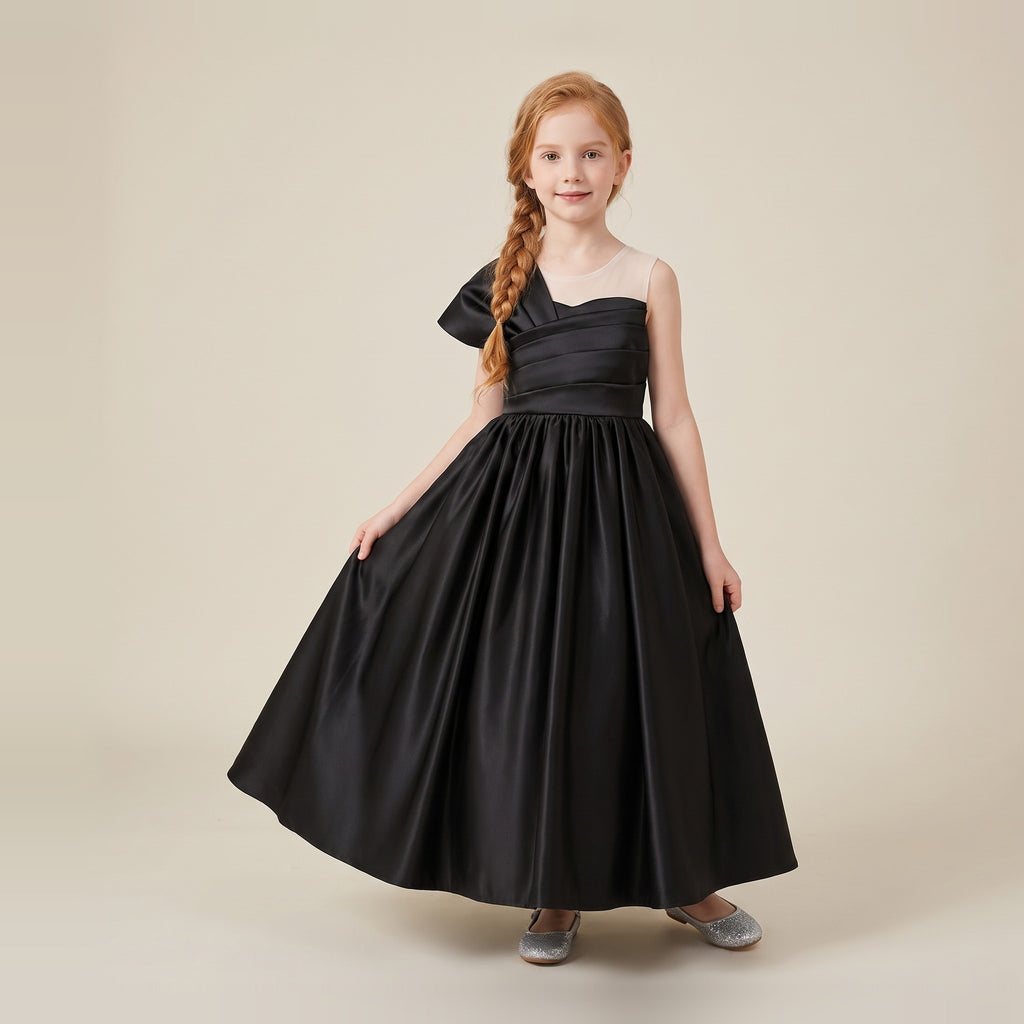 Asymmetric Pleated Satin Ball Gown in Black – front view