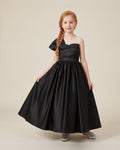 Asymmetric Pleated Satin Ball Gown in Black – front view