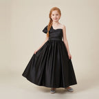 Asymmetric Pleated Satin Ball Gown in Black – front view