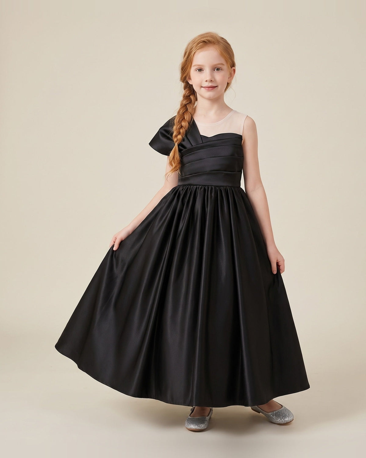 Asymmetric Pleated Satin Ball Gown in Black – front view