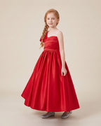 Asymmetric Pleated Satin Ball Gown in Red – front view