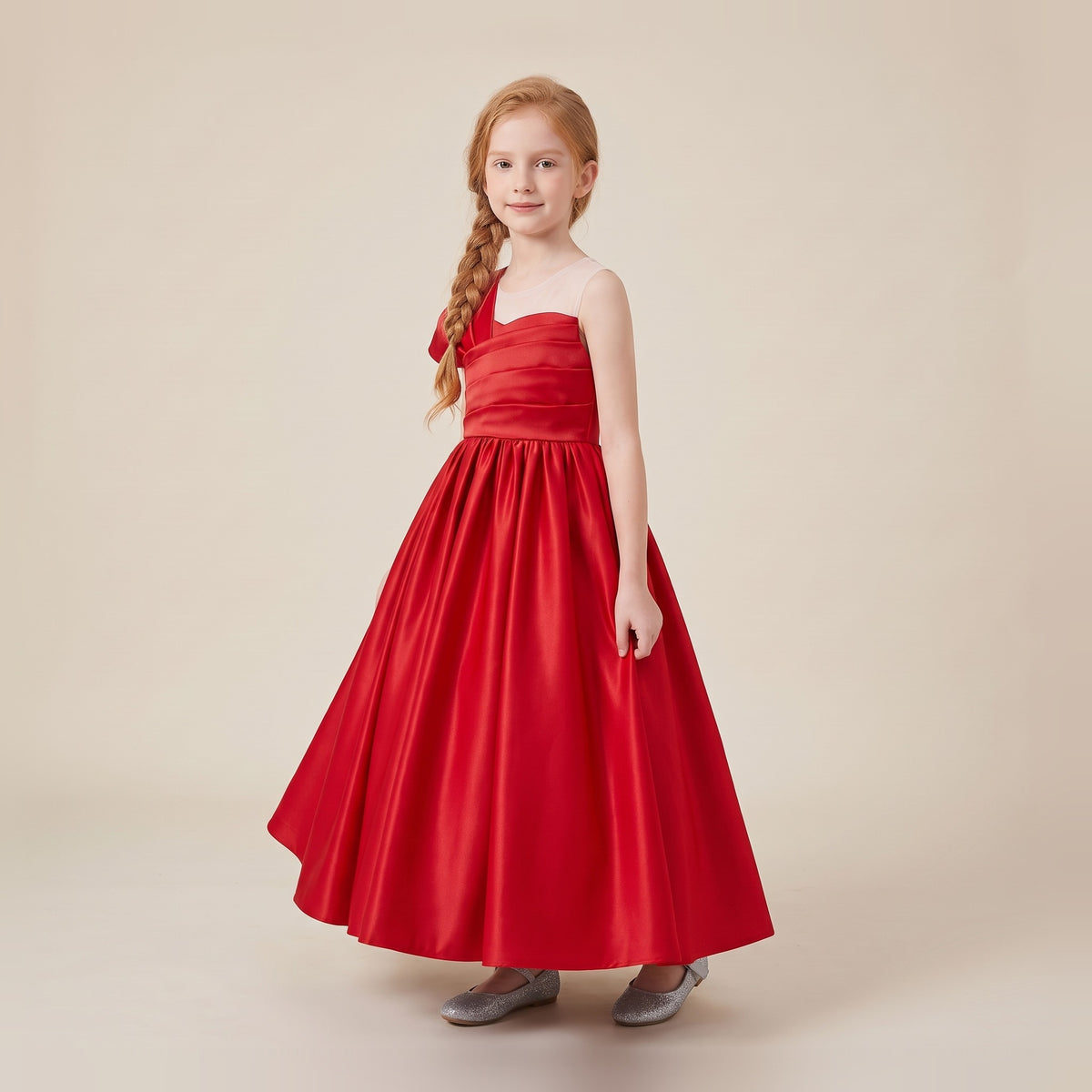 Asymmetric Pleated Satin Ball Gown in Red – front view