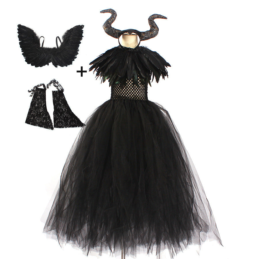 Black tulle girls Halloween costume set with dress, horned headpiece, feather collar, wings and lace sleeves, designed for trick-or-treat.