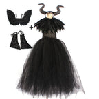 Black tulle girls Halloween costume set with dress, horned headpiece, feather collar, wings and lace sleeves, designed for trick-or-treat.