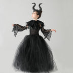 Black tulle girls Halloween gown with feather collar and flared lace sleeves, designed for costume parties.