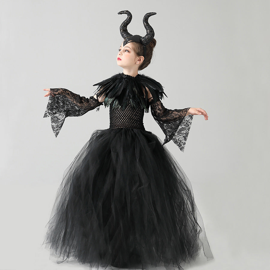 Black tulle girls Halloween gown with feather collar and flared lace sleeves, designed for costume parties.