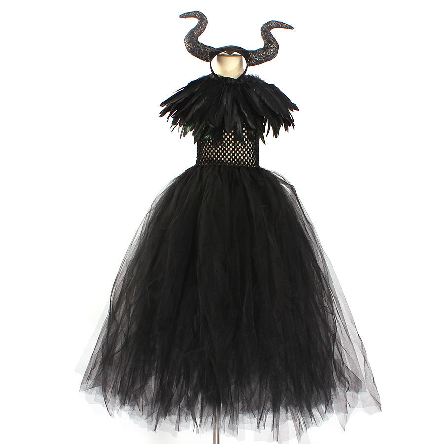 Black tulle girls Halloween dress with feather collar and horned headpiece, designed for costume parties.