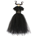 Black tulle girls Halloween dress with feather collar and horned headpiece, designed for costume parties.