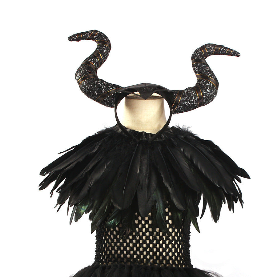 Black feather collar and horned headpiece for girls Halloween costume, designed for trick-or-treat.