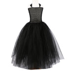Black tulle girls Halloween dress with stretch mesh bodice and halter straps, designed for costume parties.