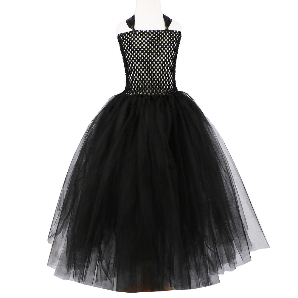 Black tulle girls Halloween dress with stretch mesh bodice and halter straps, designed for costume parties.