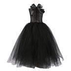 Black tulle girls Halloween dress with satin halter bow at the back, designed for Halloween parties.