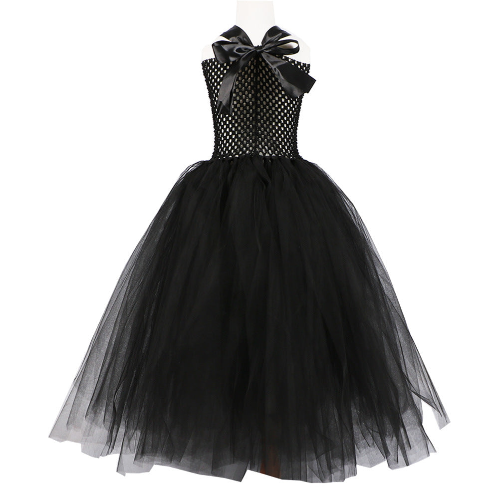 Black tulle girls Halloween dress with satin halter bow at the back, designed for Halloween parties.