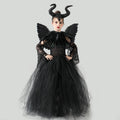 Black tulle girls Halloween costume gown with horned headpiece, feather collar, wings and lace sleeves, designed for Halloween parties.
