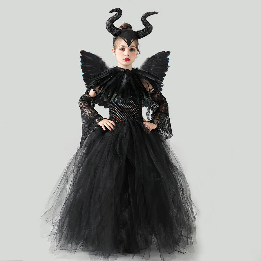 Black tulle girls Halloween costume gown with horned headpiece, feather collar, wings and lace sleeves, designed for Halloween parties.